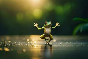 a frog is standing on its hind legs in the rain. AI-Generated photo