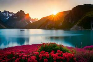 the sun rises over a lake and flowers in front of mountains. AI-Generated photo