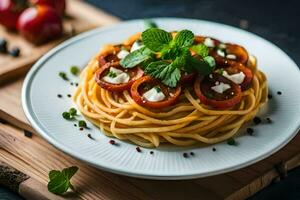spaghetti with tomatoes and basil on a plate. AI-Generated photo
