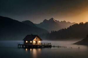 un pequeño casa se sienta en un muelle en el medio de un lago a puesta de sol. generado por ai foto