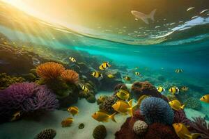 the sun shines over a coral reef and fish. AI-Generated photo