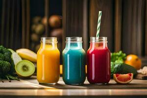 three bottles of juice with fruit and vegetables. AI-Generated photo