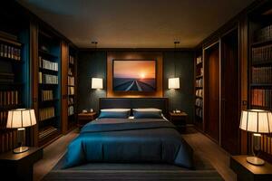 a bedroom with a bed and bookshelves. AI-Generated photo