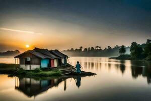 a man stands on a small island in the middle of a river. AI-Generated photo