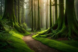 a path through a forest with trees and moss. AI-Generated photo