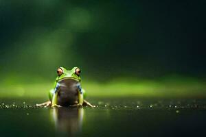 a frog sitting on the ground with a green background. AI-Generated photo
