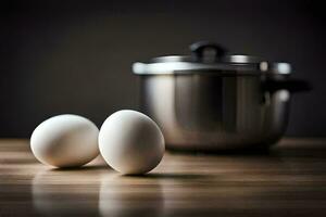 two eggs sit next to a pot on a table. AI-Generated photo