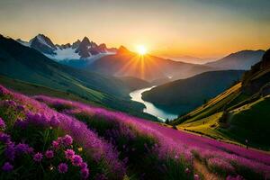 the sun rises over the mountains and purple flowers in the foreground. AI-Generated photo