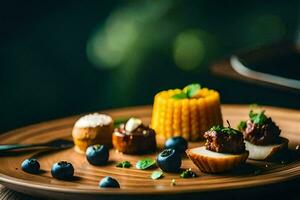 a plate with blueberries and corn on it. AI-Generated photo