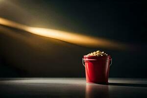 a red bucket filled with peanuts on a table. AI-Generated photo