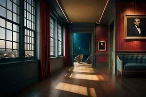 a room with a couch and a painting on the wall. AI-Generated photo