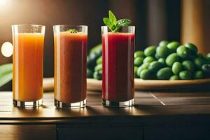 three glasses of juice with fruit and vegetables. AI-Generated photo