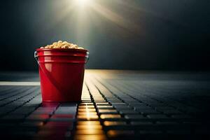 un Cubeta de palomitas de maiz en un mesa con un brillante ligero brillante en él. generado por ai foto