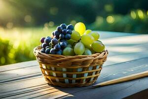 uvas en un cesta en un de madera mesa. generado por ai foto