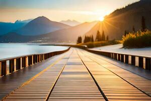 a wooden walkway leads to the ocean and mountains. AI-Generated photo