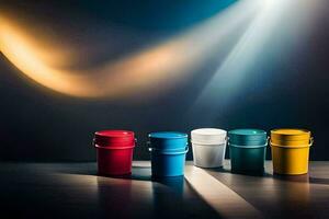 colorful paint buckets on a dark table. AI-Generated photo