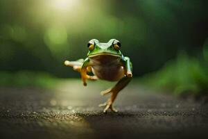 a frog jumping on the ground with its legs spread. AI-Generated photo