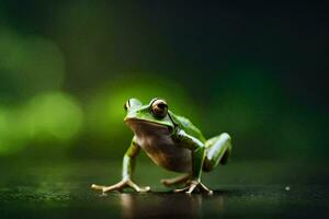 a frog is standing on a wooden surface. AI-Generated photo