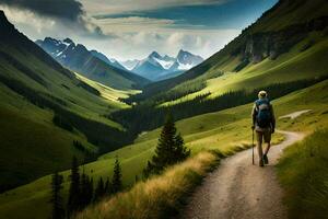 un persona caminando abajo un suciedad la carretera en el montañas. generado por ai foto