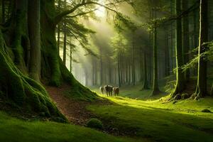 a horse is walking through a forest with trees. AI-Generated photo