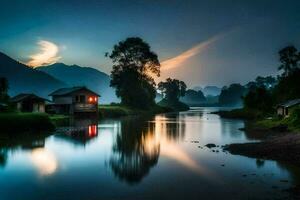 a river at sunset with a house and trees. AI-Generated photo