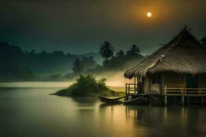 a hut sits on the shore of a river with a full moon. AI-Generated photo