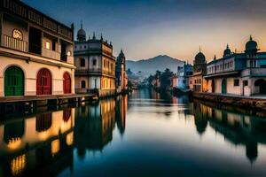 a canal in india with buildings and mountains in the background. AI-Generated photo