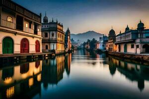 a canal in india with buildings and mountains in the background. AI-Generated photo