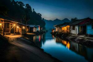 un río en el medio de un pueblo a noche. generado por ai foto