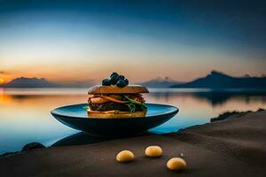 a burger on a plate with a view of the ocean. AI-Generated photo