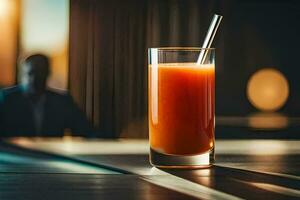 a glass of juice with a straw sitting on a table. AI-Generated photo