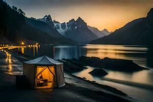 a tent is set up on the shore of a lake at sunset. AI-Generated photo