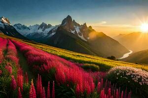 el Dom sube terminado el montañas y flores en el primer plano. generado por ai foto