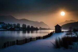 photo wallpaper the sky, snow, the sun, the moon, the lake, the mountains,. AI-Generated