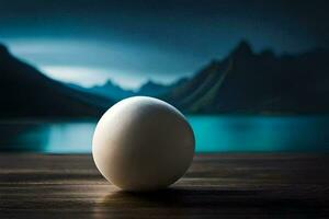 an egg sitting on a table in front of a lake. AI-Generated photo