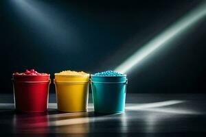 three buckets of colored sand sit on a table. AI-Generated photo