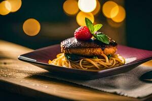 a plate with spaghetti and a raspberry leaf. AI-Generated photo