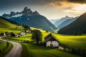 a road in the mountains with green grass and houses. AI-Generated photo