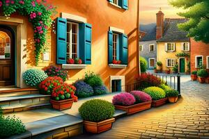 a painting of a street with flowers and plants. AI-Generated photo