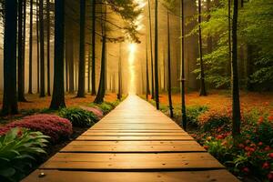 a wooden path leads to a forest with trees and flowers. AI-Generated photo