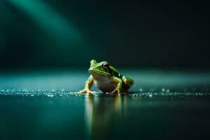 a frog sitting on the ground in front of a dark background. AI-Generated photo