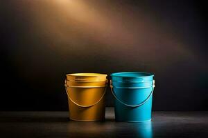 two blue and yellow buckets on a dark background. AI-Generated photo