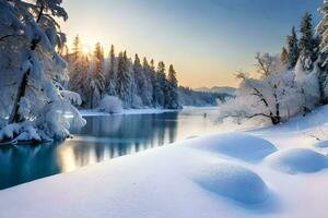 nieve cubierto arboles y un río en el invierno. generado por ai foto