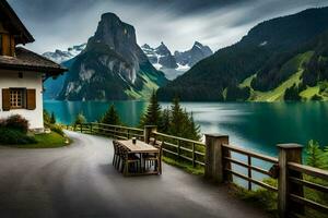 a lake and mountain view with a table and chairs. AI-Generated photo