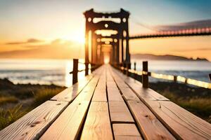 a wooden bridge over the ocean at sunset. AI-Generated photo