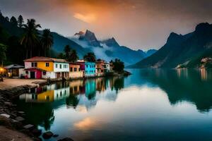 colorful houses on the shore of a lake. AI-Generated photo