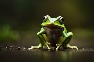 a frog is sitting on the ground with its eyes open. AI-Generated photo