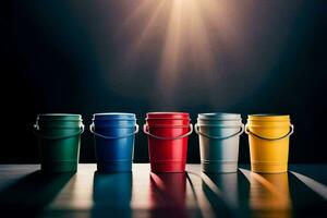 five colorful buckets on a dark table. AI-Generated photo