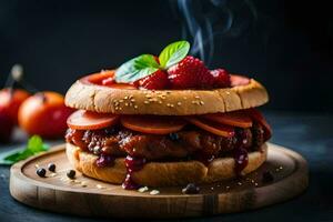 un hamburguesa con bayas y Tomates en un de madera tablero. generado por ai foto
