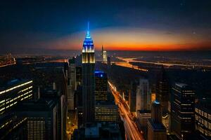 the empire state building is lit up at night. AI-Generated photo